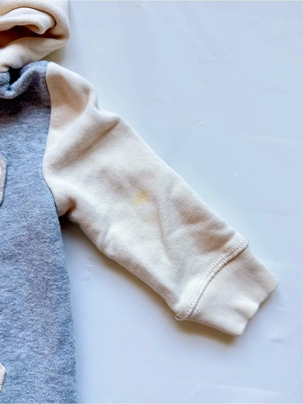 GAP Baby Hooded Romper in Light Gray and Cream